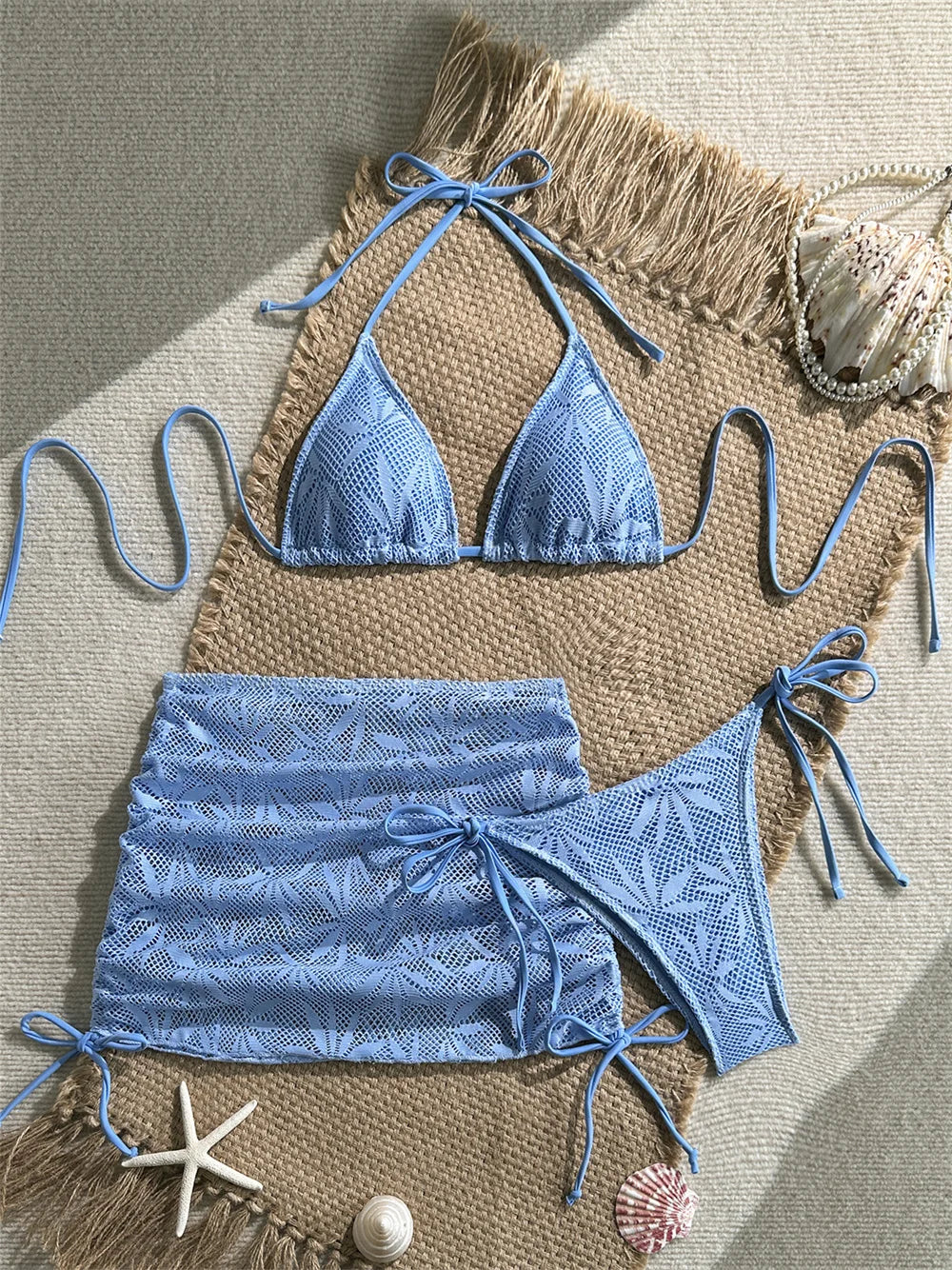 Sexy Blue Beach Bikini Skirt Jacquard Mesh Splicing Swimsuit Women High Waist Swimwear Bathing Suit Vacation Brazil Beach Outfit