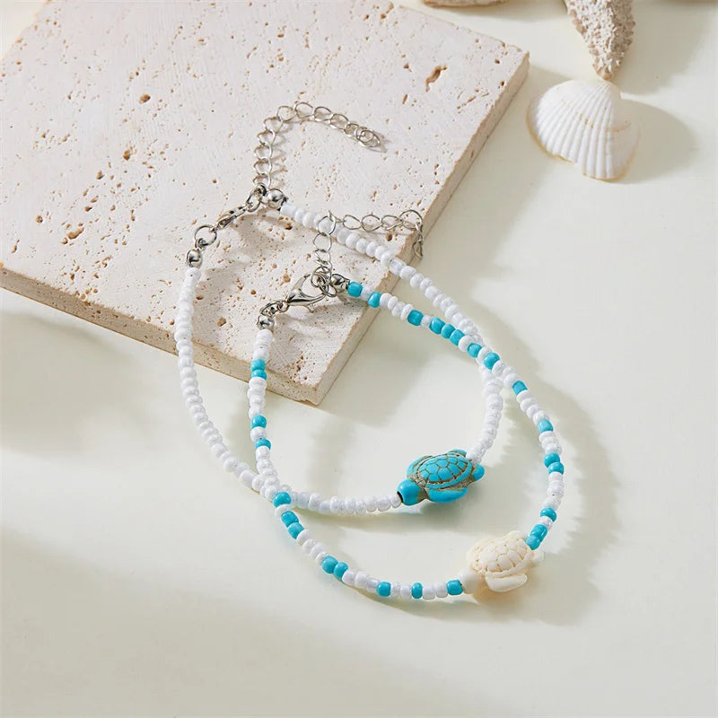 Blue Starfish Beaded Anklet Set