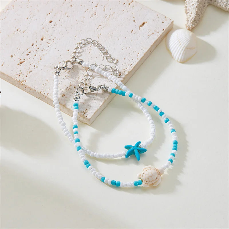 Blue Starfish Beaded Anklet Set
