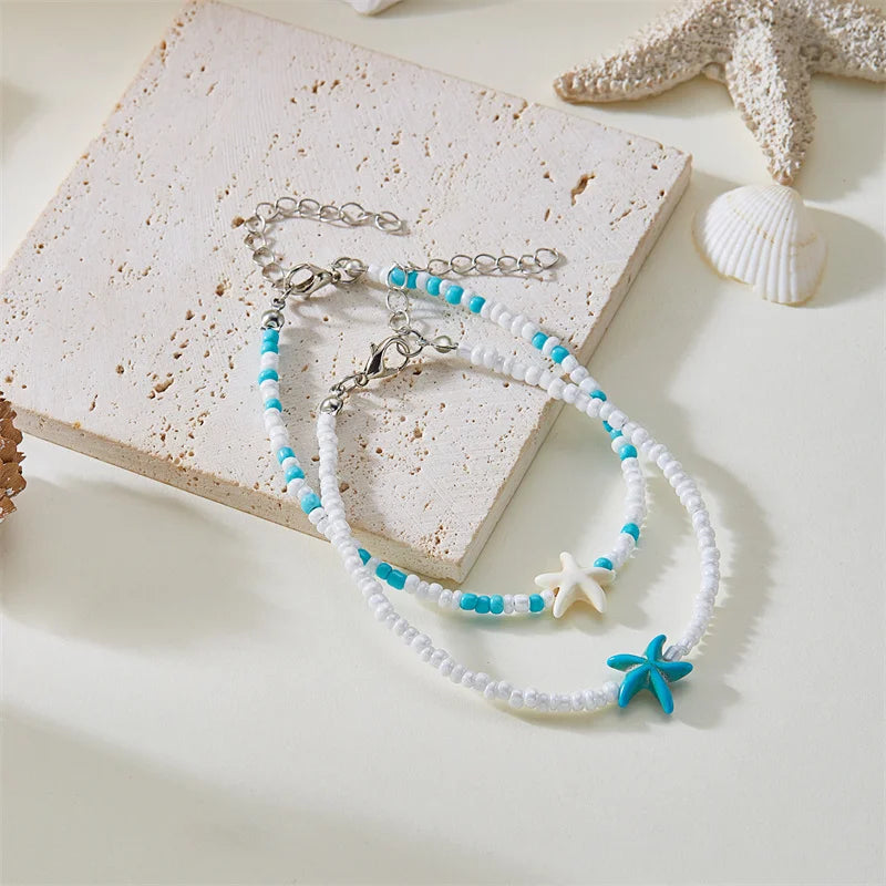 Blue Starfish Beaded Anklet Set