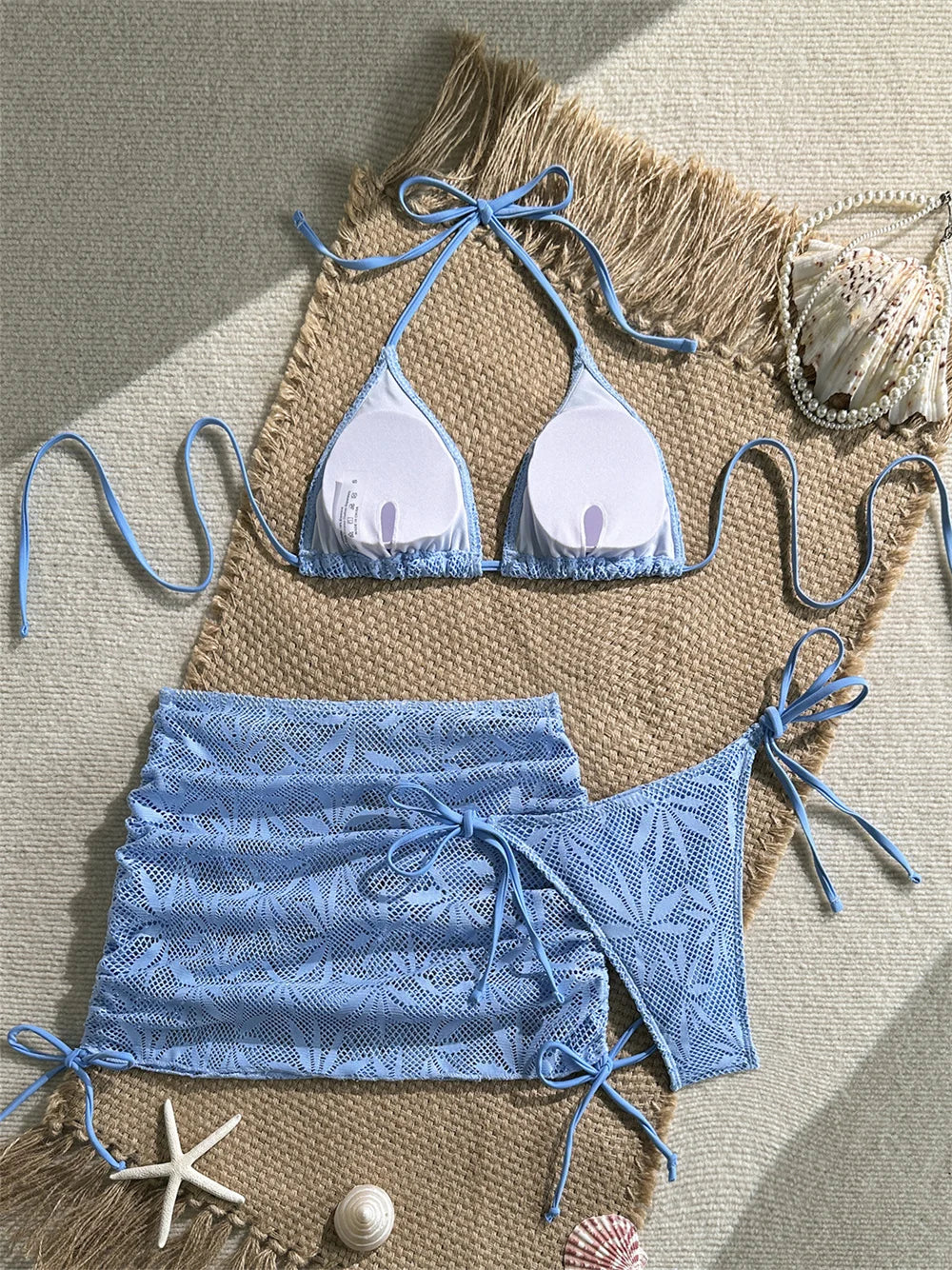 Sexy Blue Beach Bikini Skirt Jacquard Mesh Splicing Swimsuit Women High Waist Swimwear Bathing Suit Vacation Brazil Beach Outfit