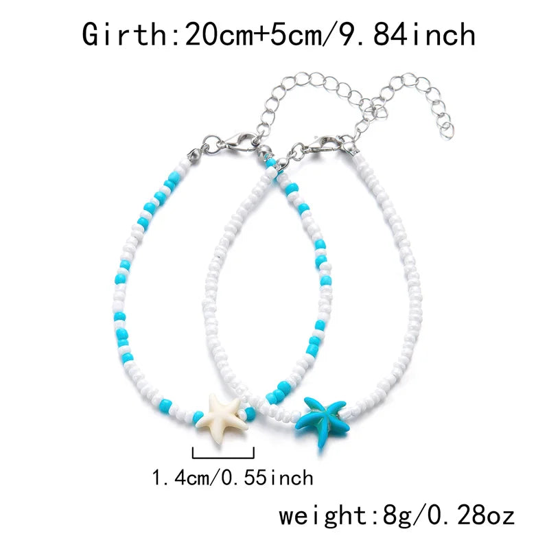 Blue Starfish Beaded Anklet Set