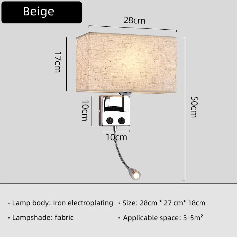 E27 Fabric Wall lamp with Switch LED Spotlight Reading Light Bedroom Study Equipment Hotel Bedhead Nordic Home Decoration Light